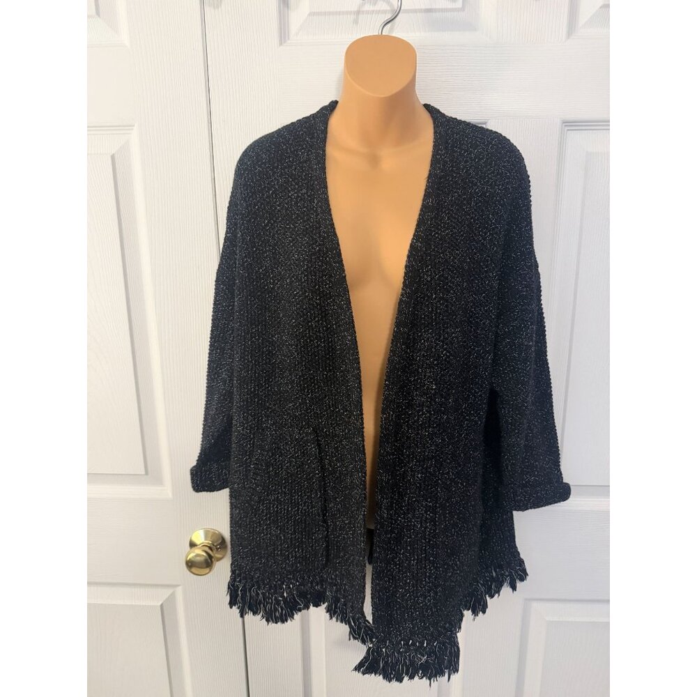 Madewell Womens Open Cardigan Sweater Black and White with Fringe L